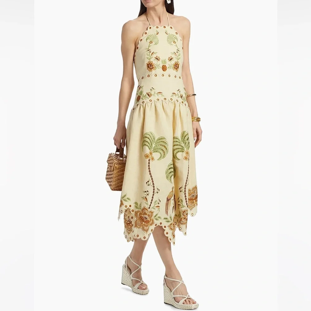 FARM RIO Delicate Forest Sand Richelieu Embroidered Midi Dress Size XS - Picture 5 of 9